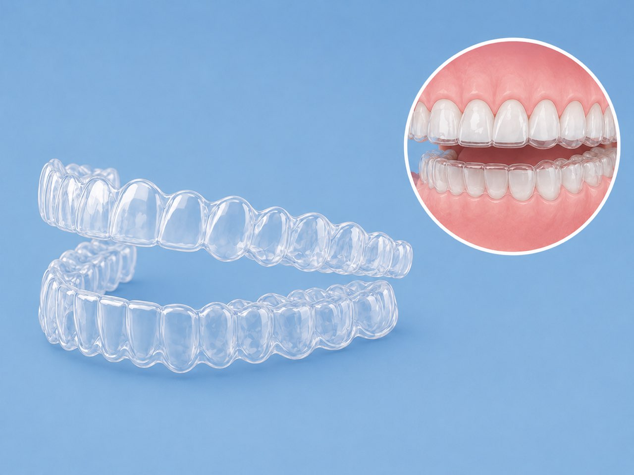 A pair of clear aligner trays beside a view of them seated on the teeth